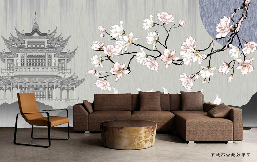山水閣樓瑞鶴圖花鳥插畫