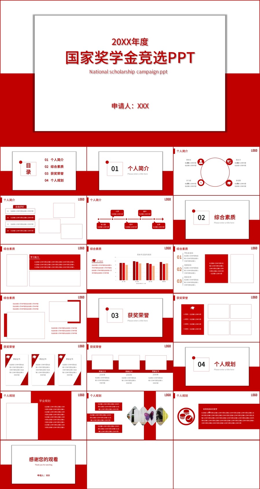 红色简约奖学金竞选PPT模板