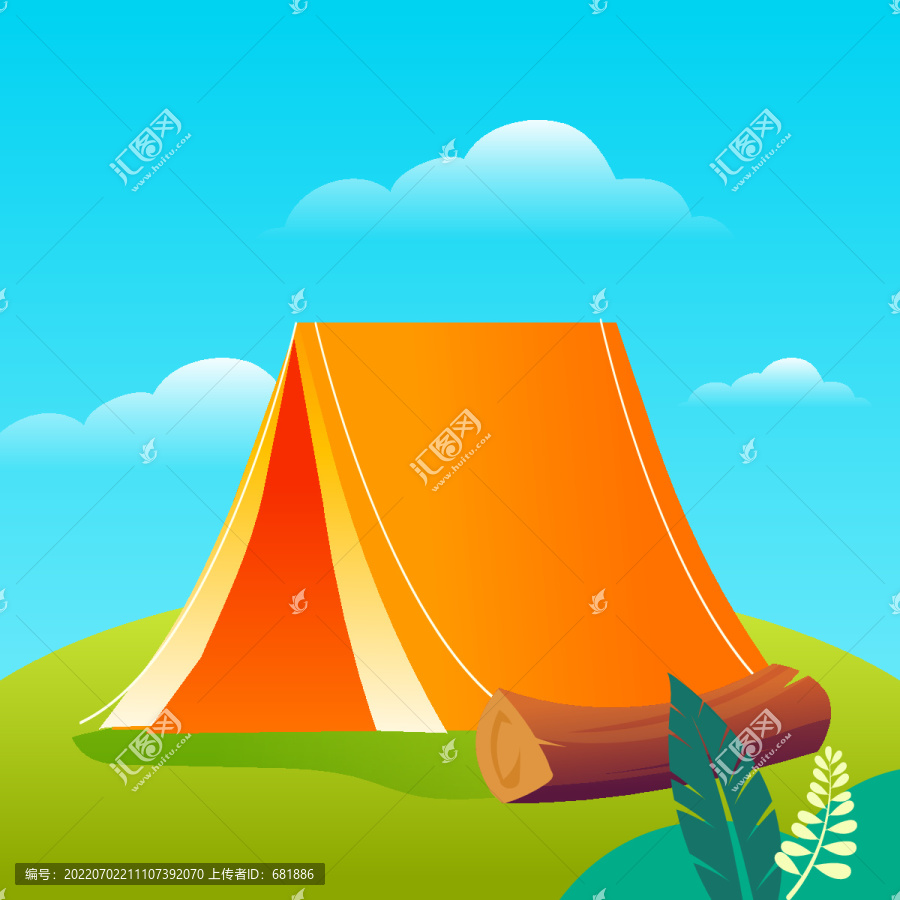 夏天暑期戶外露營(yíng)草地帳篷插畫