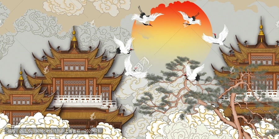 樓閣仙鶴背景墻