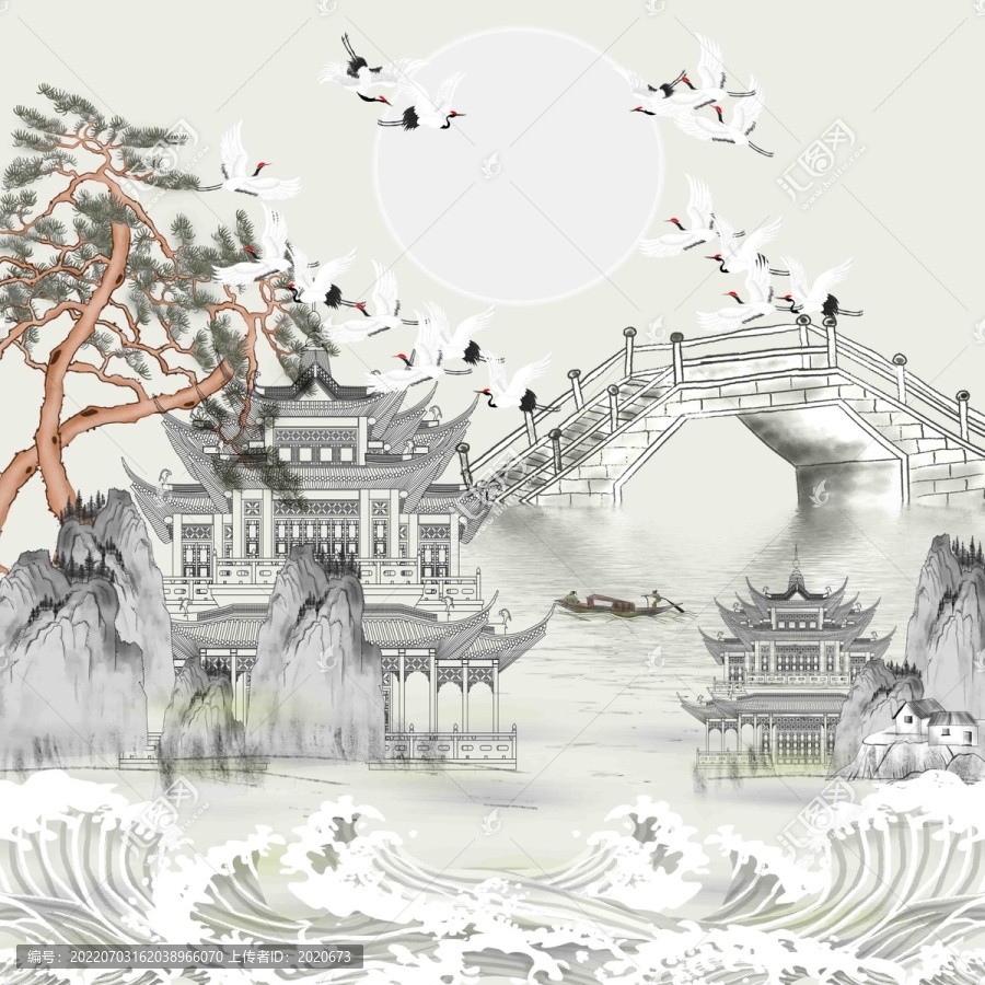 閣樓水墨山水畫(huà)