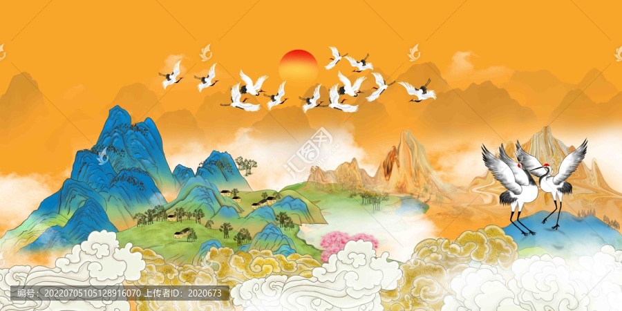 國潮山水仙鶴背景墻