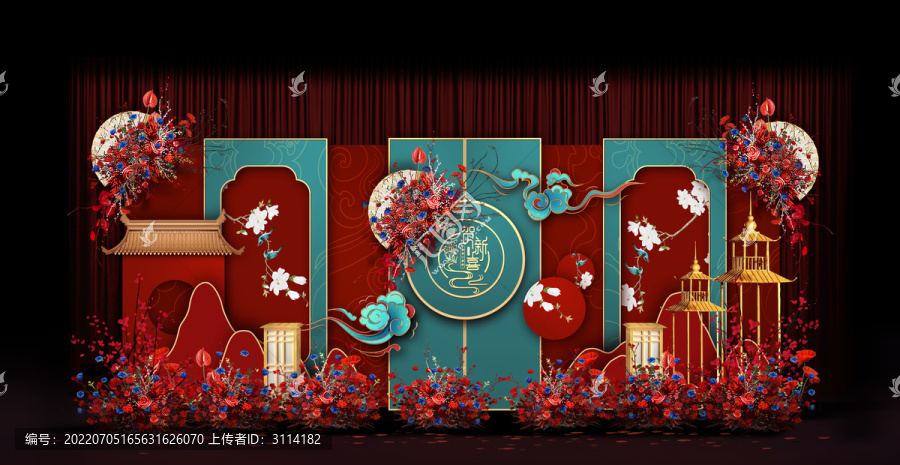 紅藍(lán)新中式婚禮手繪效果圖