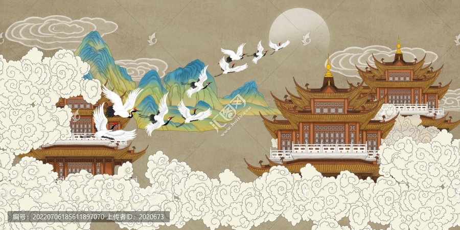 祥云樓閣仙鶴圖