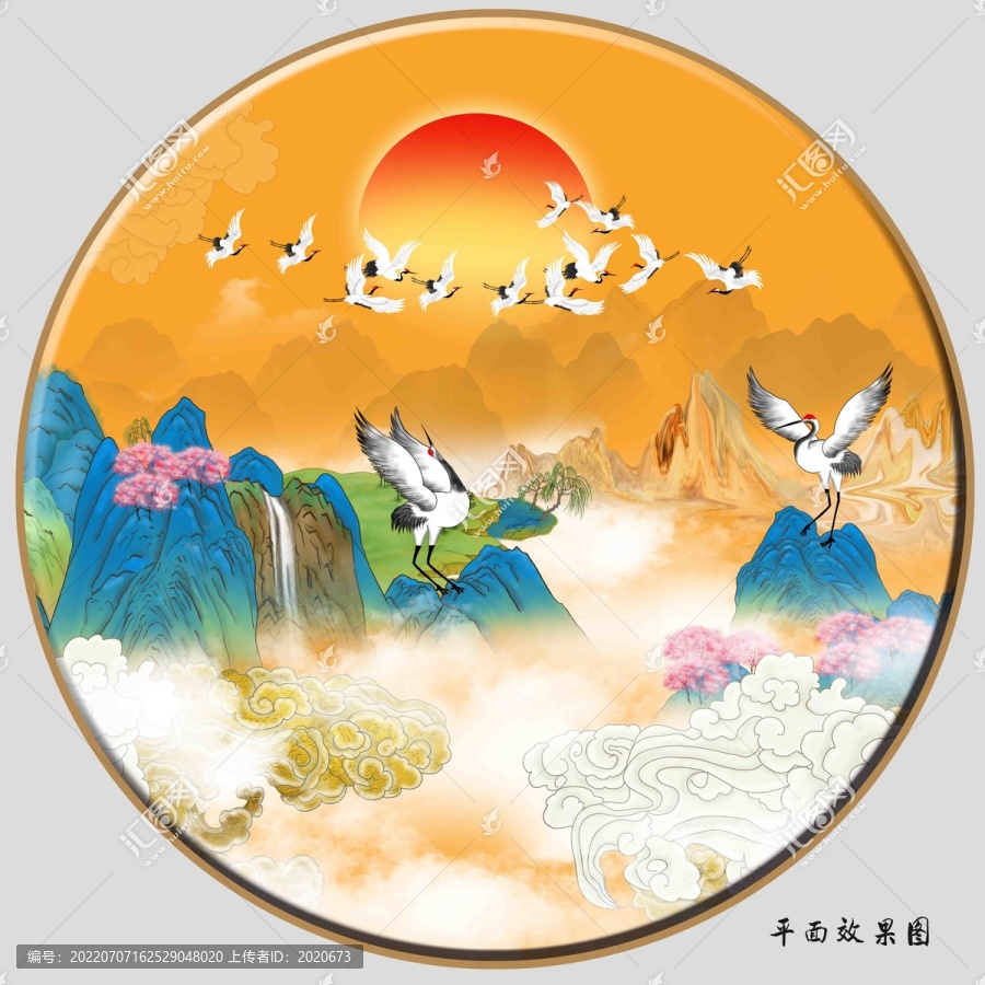 圓形國潮仙鶴山水插畫