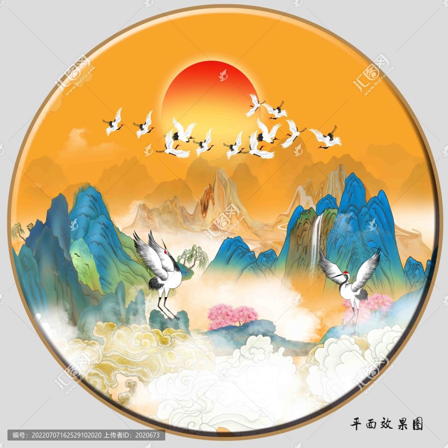 圓形國潮山水仙鶴圖