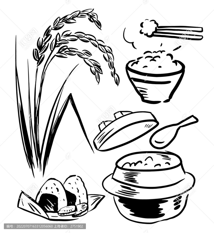 大米稻米煮饭锅饭团黑白线条