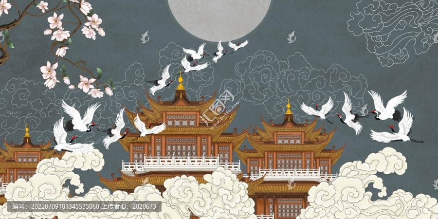 仙鶴皇宮瑞鶴圖高端玉蘭花背景