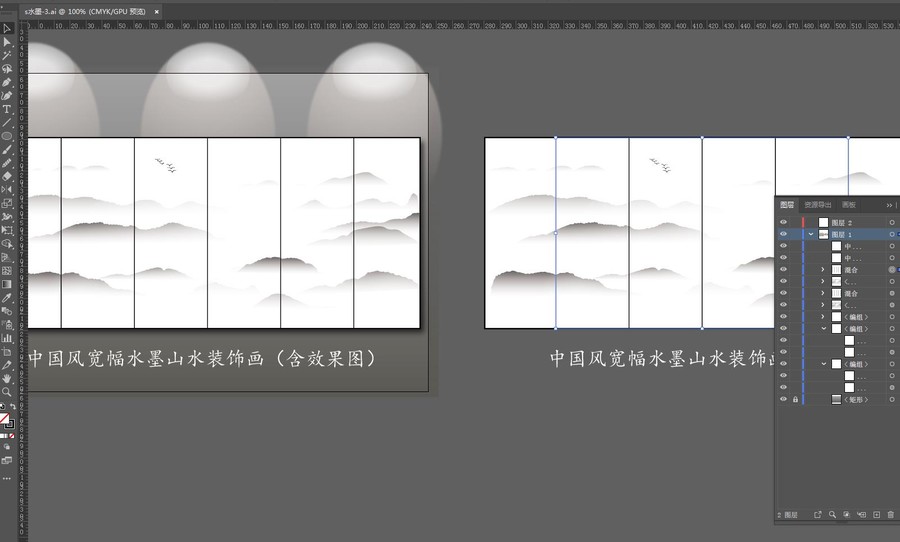 中國風水墨山水裝飾畫矢量