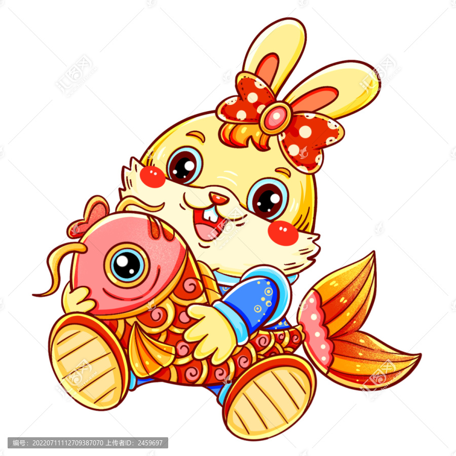 國潮新年兔年抱錦鯉的兔子元素