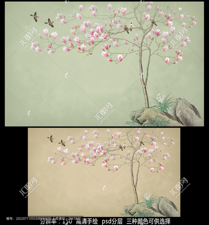 玉蘭花鳥壁畫背景墻