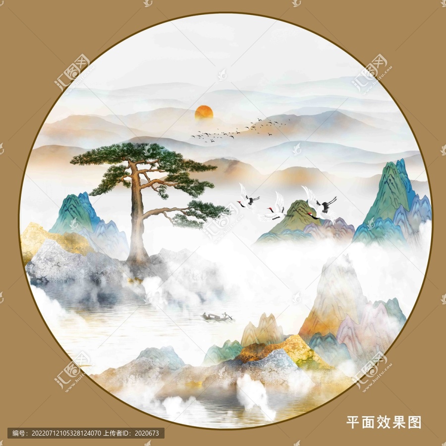新中式松鶴水墨山水畫