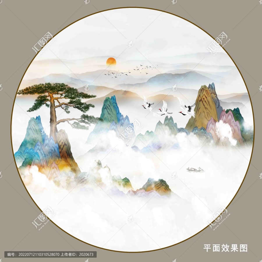 霧霾黃山迎客松仙境仙鶴山水畫
