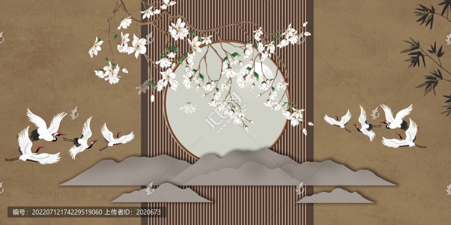 柵格花鳥中式背景墻