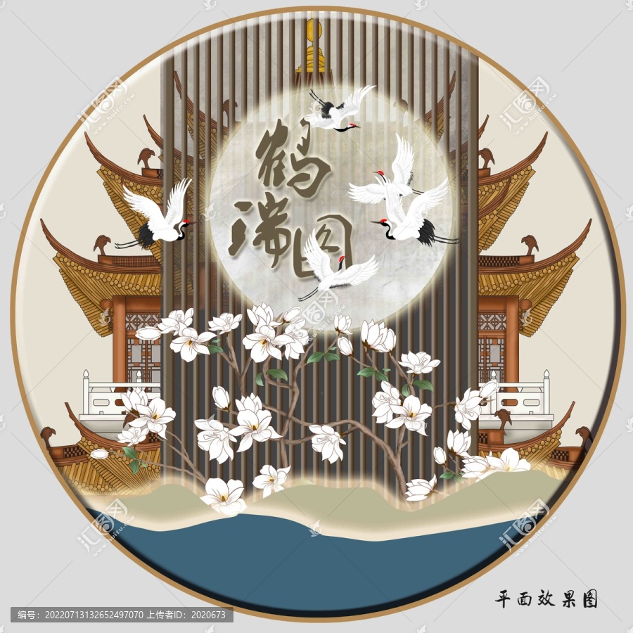 樓閣仙鶴云紋背景墻