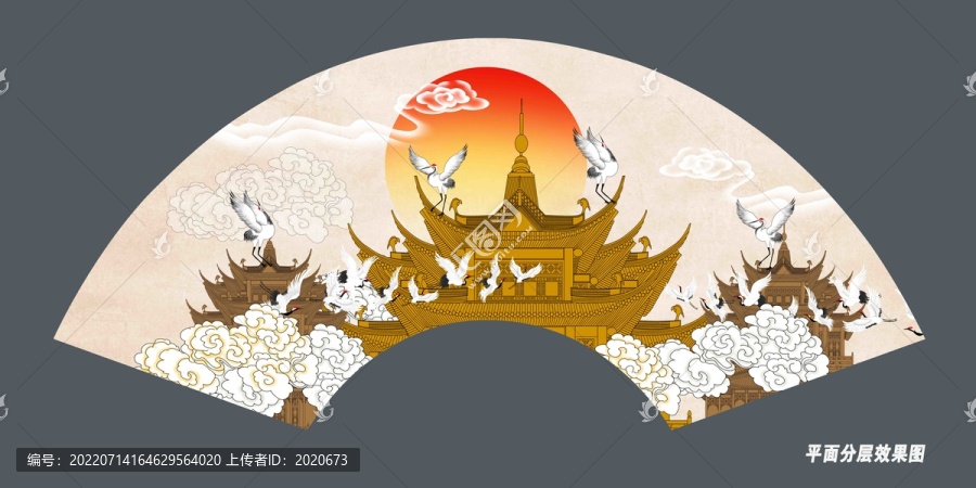折扇閣樓仙鶴插畫