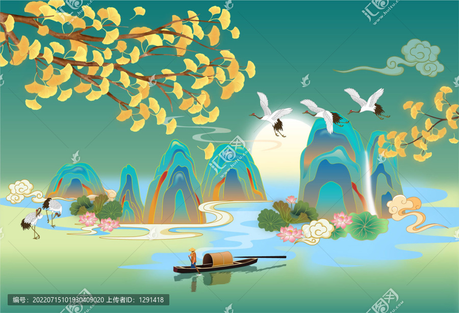 銀杏國潮矢量山水畫
