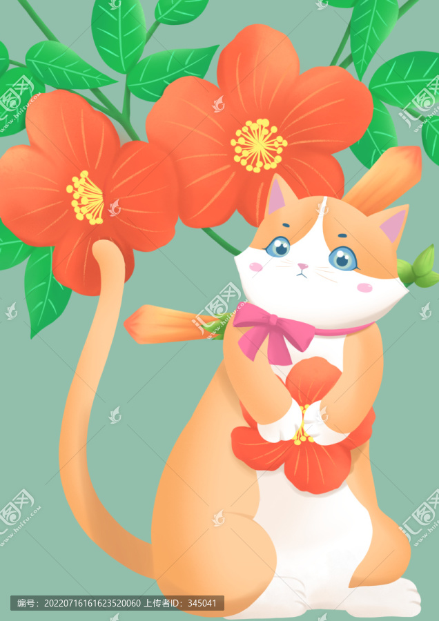 插畫貓與花
