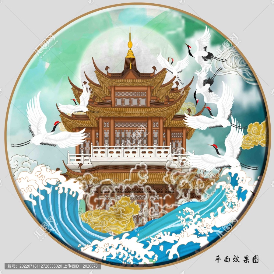 仙鶴海浪閣樓插畫