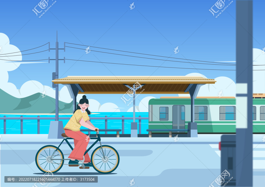 扁平戶外騎行騎車白天插畫