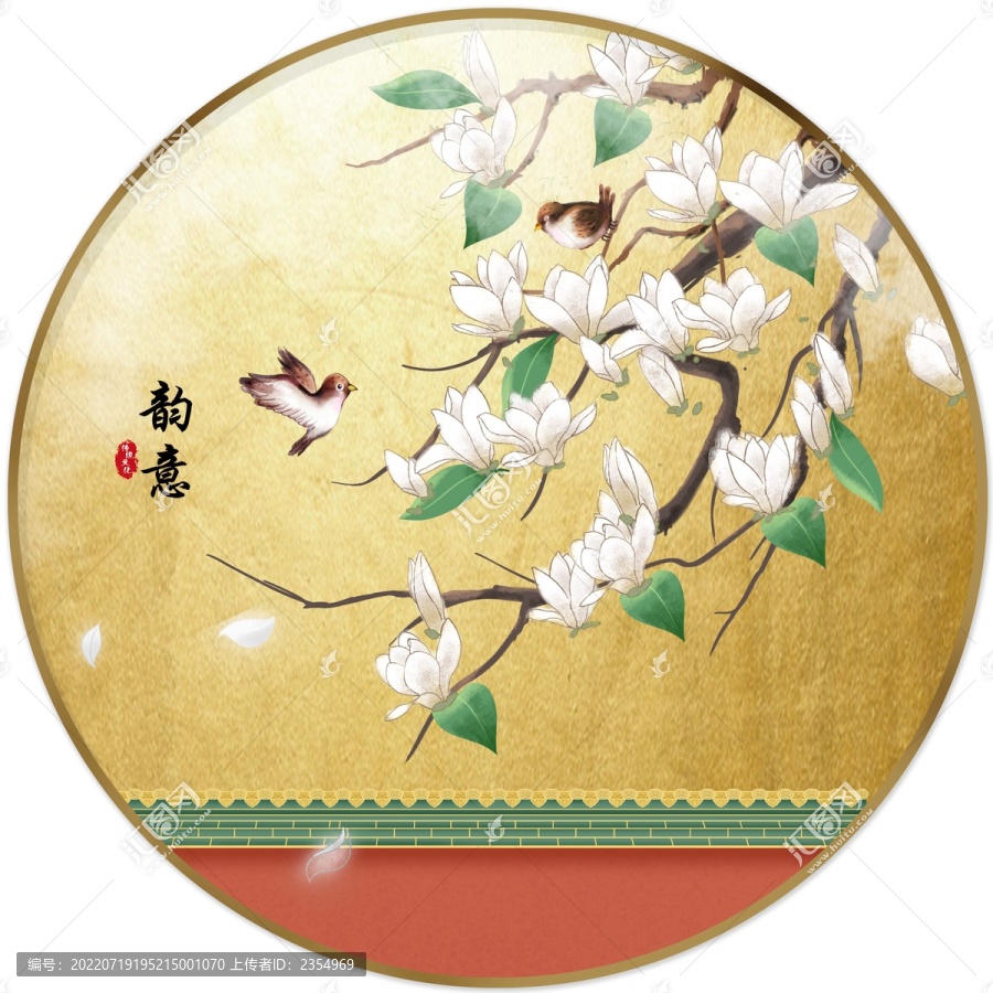 新中式写意花鸟手绘圆形装饰画