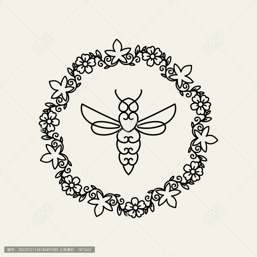 简约黑色蜜蜂花环插图