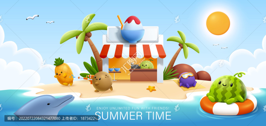 可爱水果角色在小岛上享受夏日时光插图