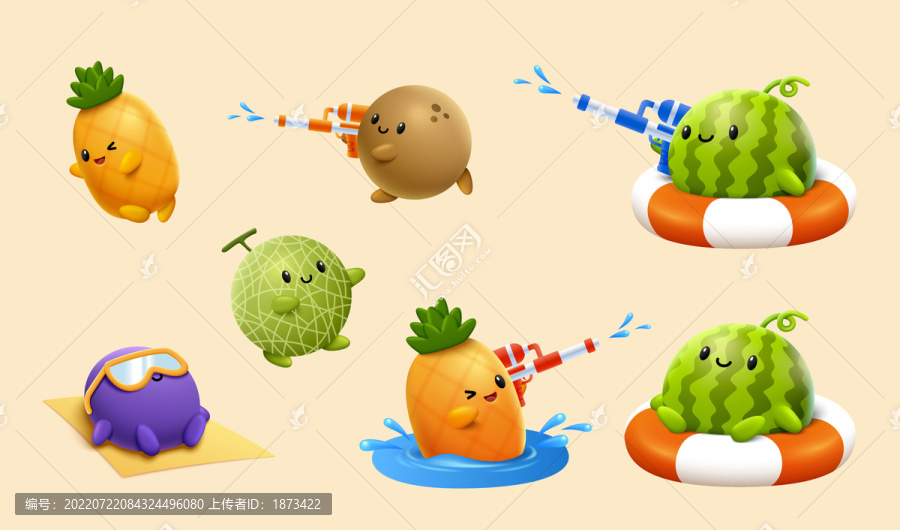 可爱玩水的水果角色插图集合