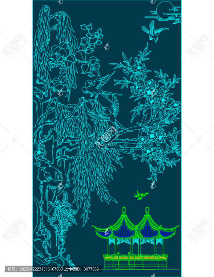 桃花喜鵲雙亭圖