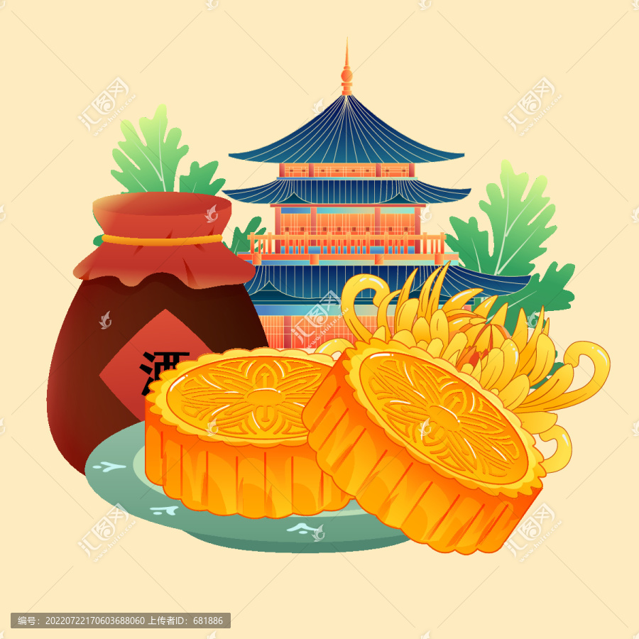 八月十五中秋節(jié)吃月餅傳統(tǒng)插畫