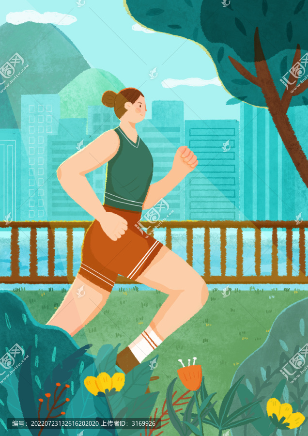 女孩戶外跑步運動扁平肌理插畫