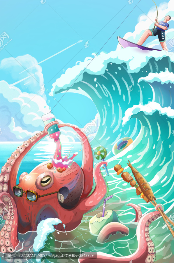夏天沖浪遇見大章魚