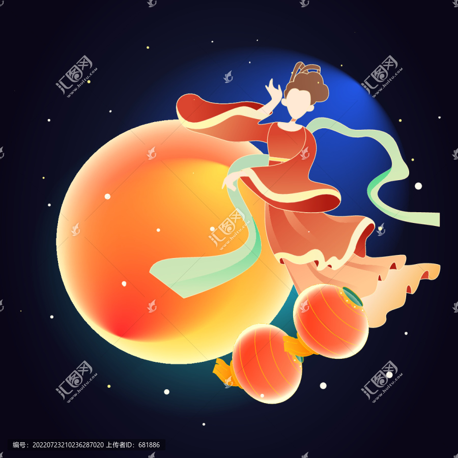 中秋節(jié)玉兔賞月吃月餅國潮插畫