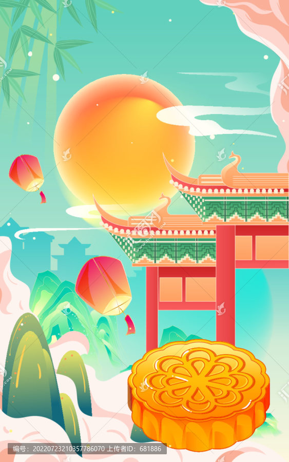 中秋節(jié)玉兔賞月吃月餅國潮插畫