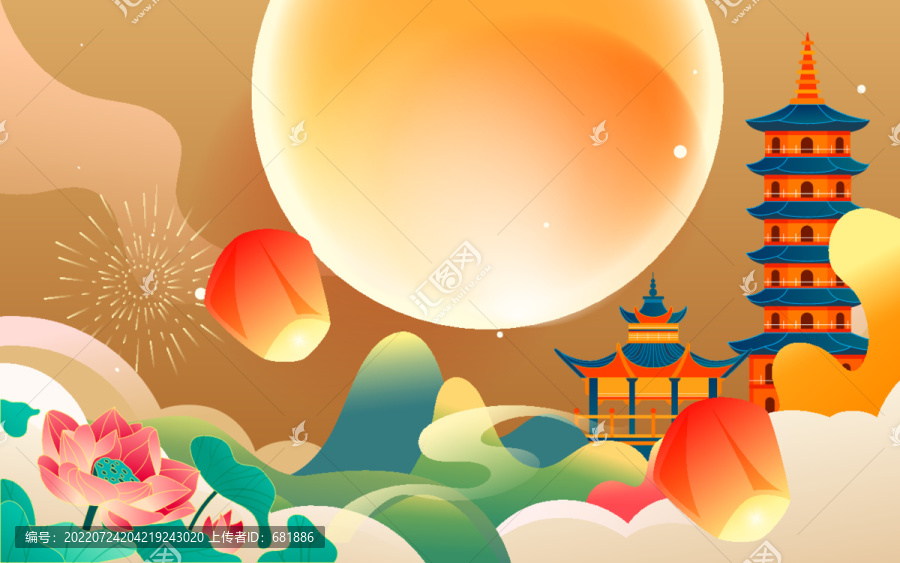 八月十五中秋節嫦娥奔月插畫