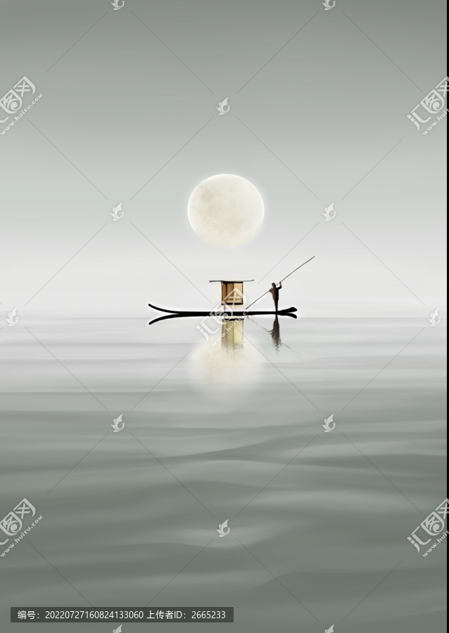 高清數(shù)碼新中式江河游船壁畫(huà)