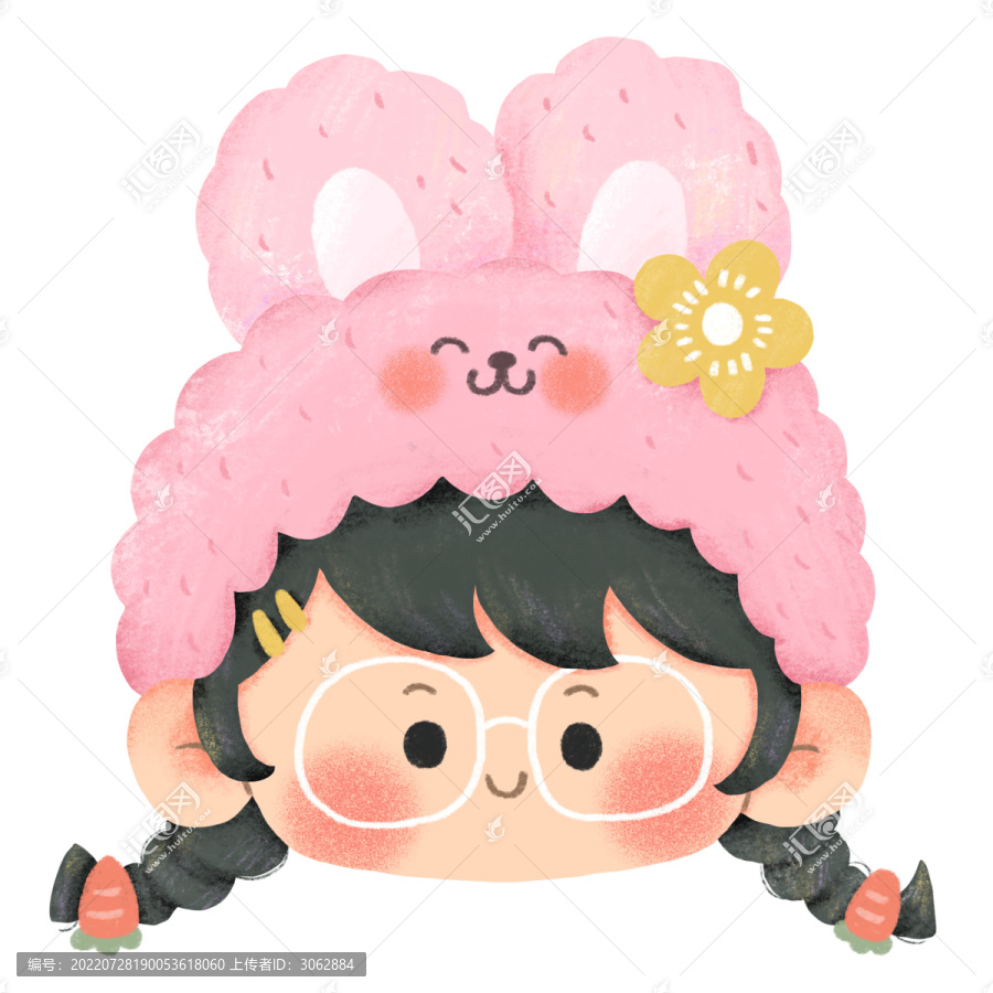 可愛手繪帶兔子帽子的女孩頭像