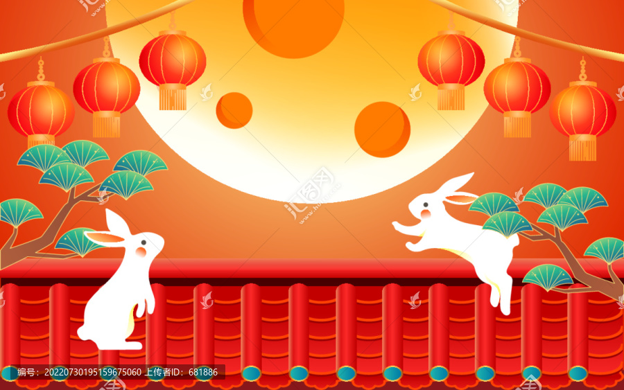 中秋節(jié)兔子屋頂賞月國潮插畫