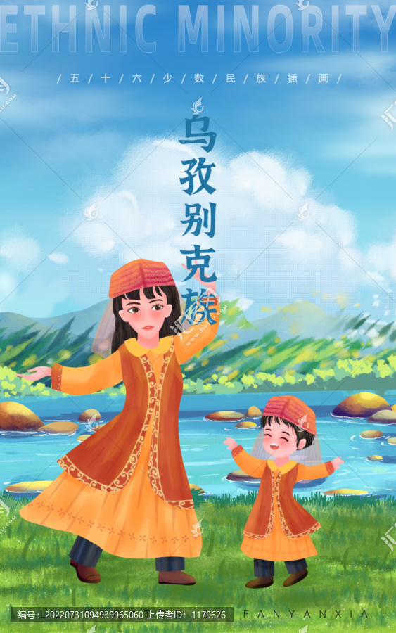 烏孜別克族母女親子插畫