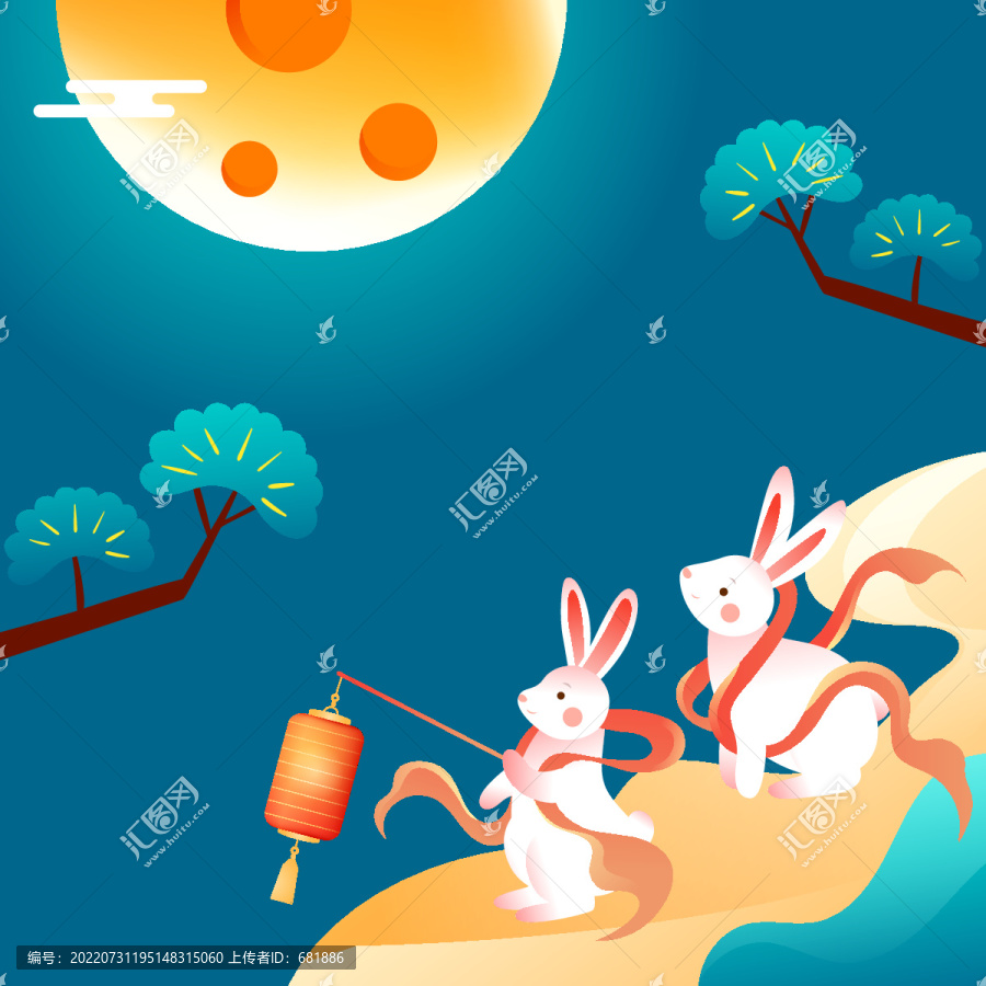 中秋节玉兔望月传统节日插画