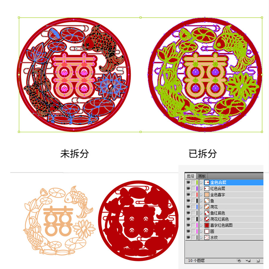 双色金字喜贴结婚囍字剪纸荷花