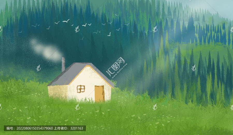 綠光森林小屋插畫