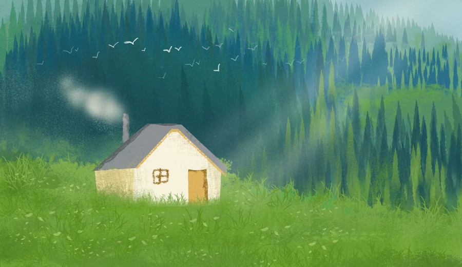 綠光森林小屋插畫