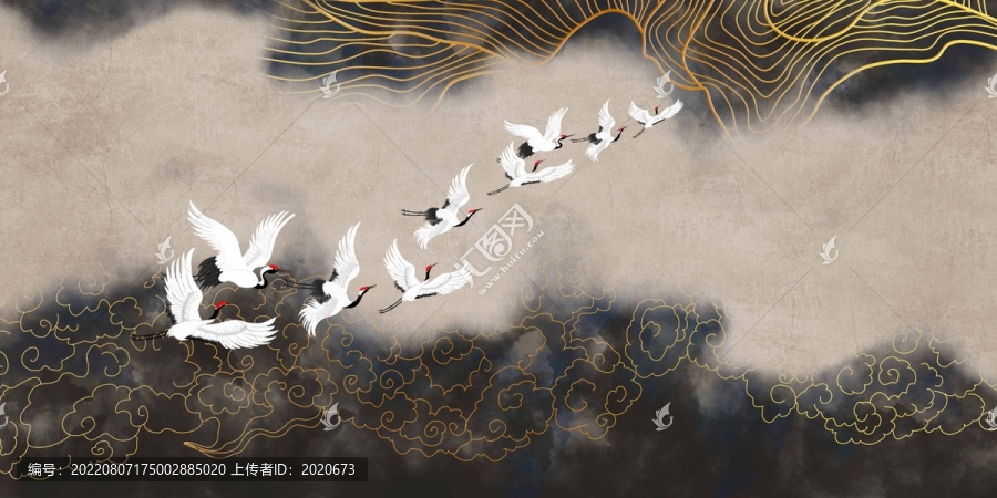高端金線仙鶴背景墻