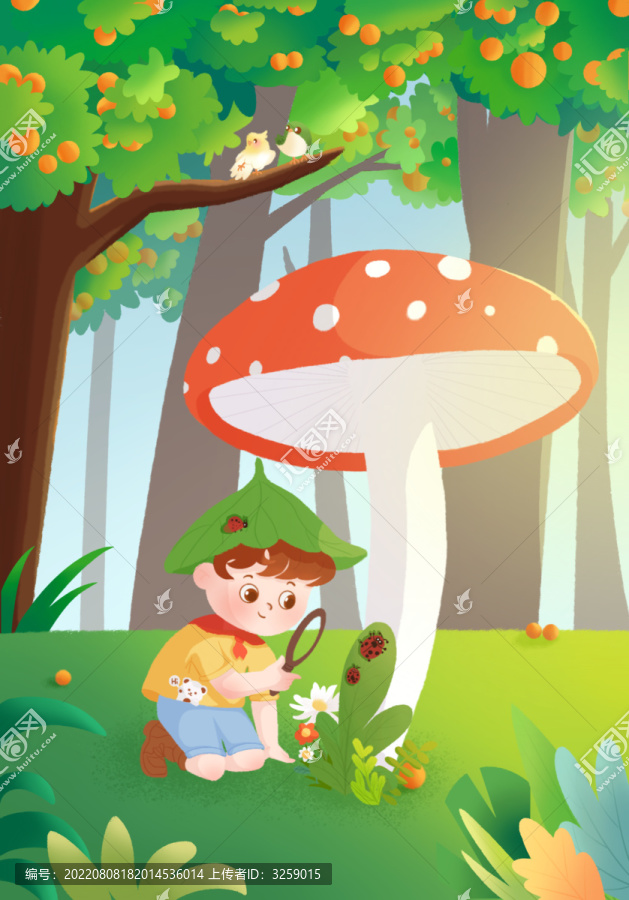 在森林觀察昆蟲(chóng)的小男孩