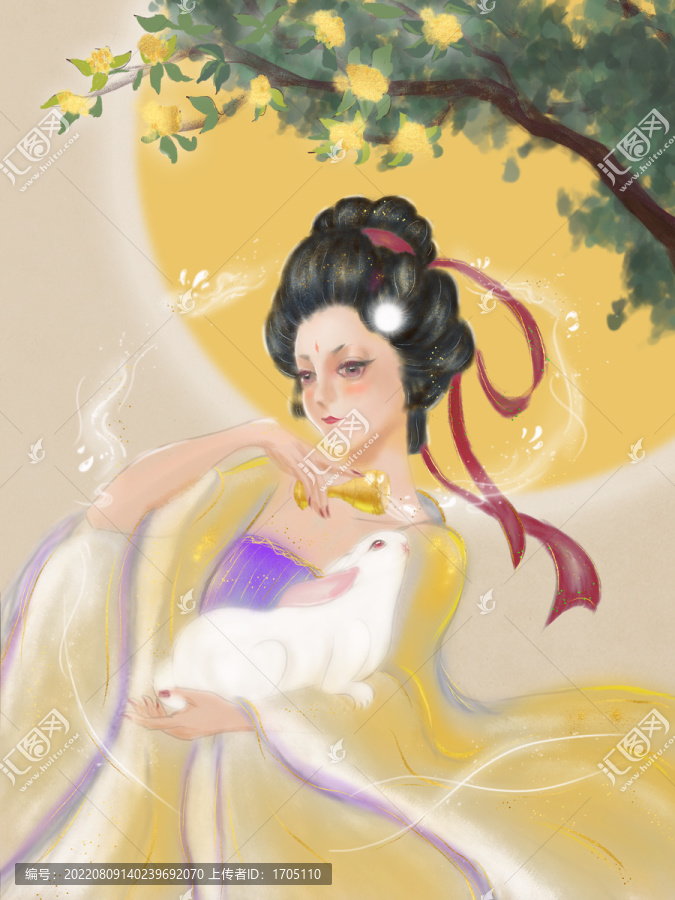 手繪嫦娥玉兔月亮桂花