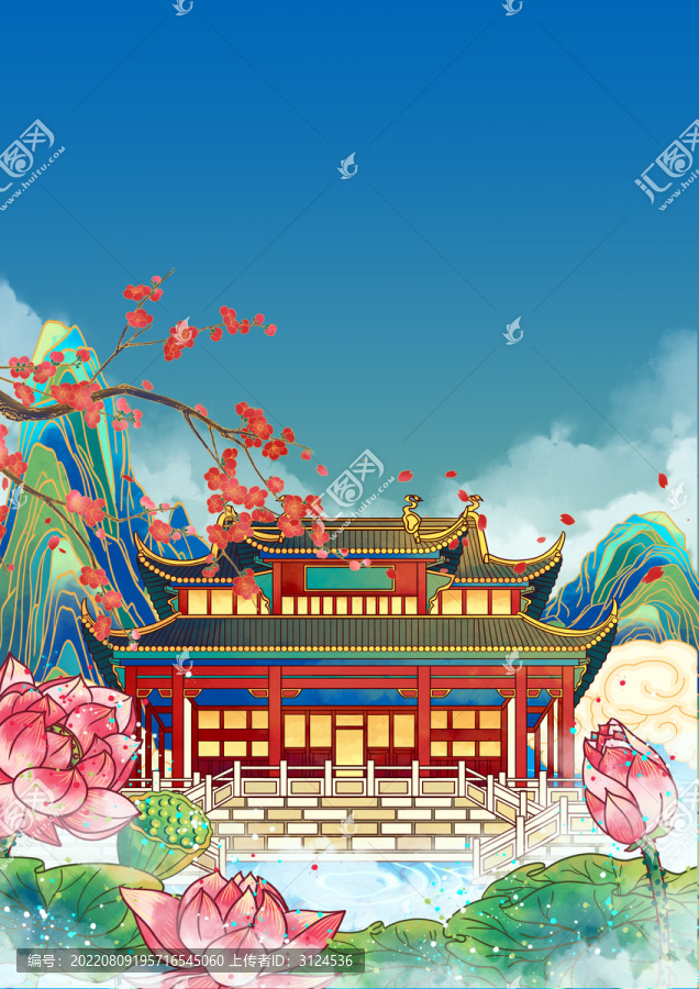 武漢古建筑插畫黃鶴樓公園豎版