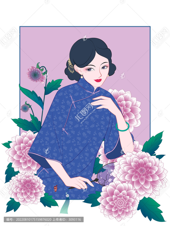 花卉旗袍美人插画之大丽花