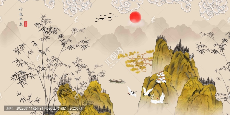 金色竹子山水背景墻