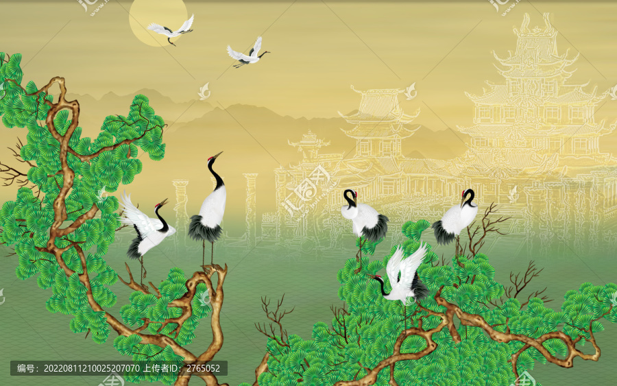 松樹仙鶴背景墻